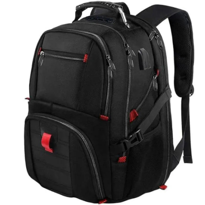 Large waterproof Oxford cloth USB backpack with curved shoulder straps in black colour