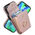 PU leather phone case with card slot and bracket for iPhone 15 16 series, rose gold finish on black background