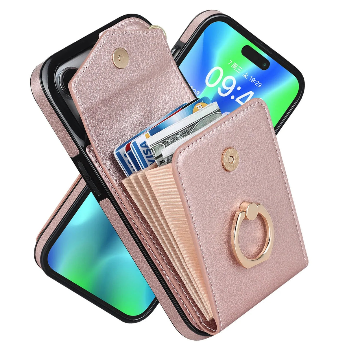 PU leather phone case with card slot and bracket for iPhone 15 16 series, rose gold finish on black background