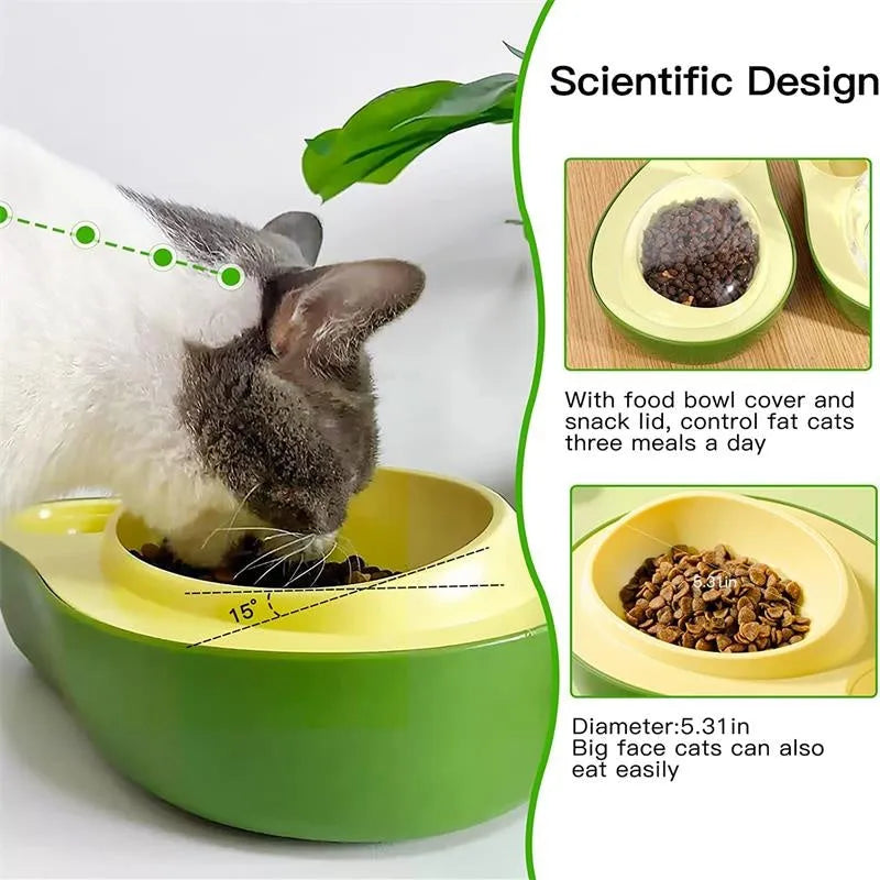 Avocado-shaped automatic pet feeder with water dispenser and two-part food bowl system