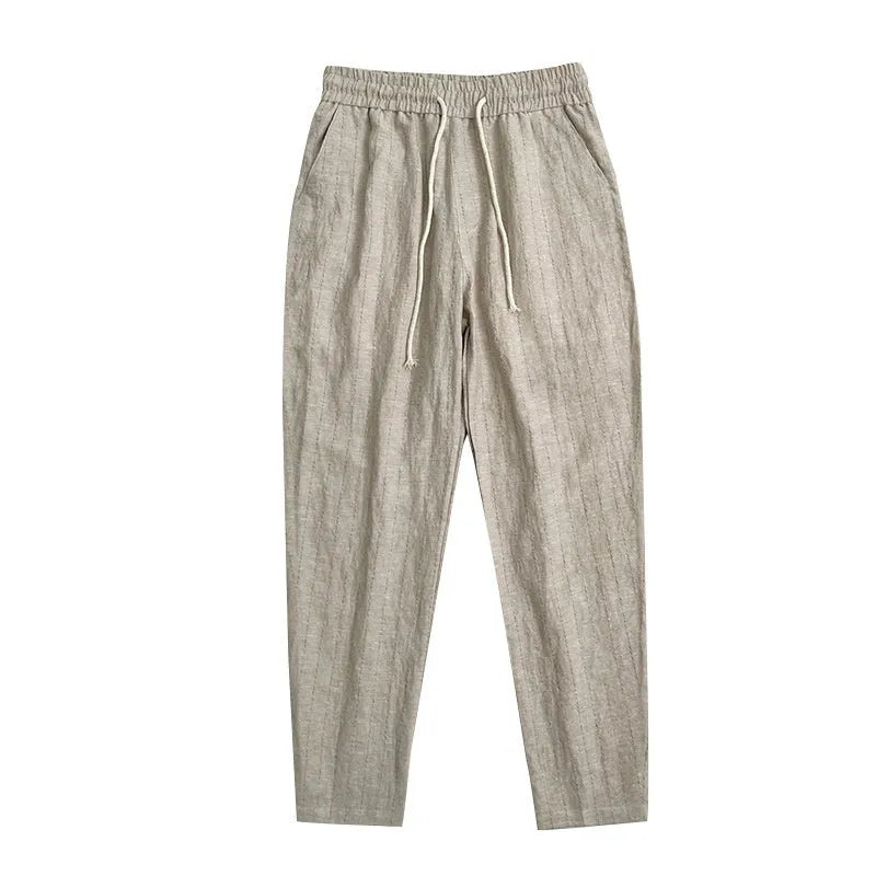 Men's thin cotton linen casual trousers in a cropped length, shown in a striped pattern.