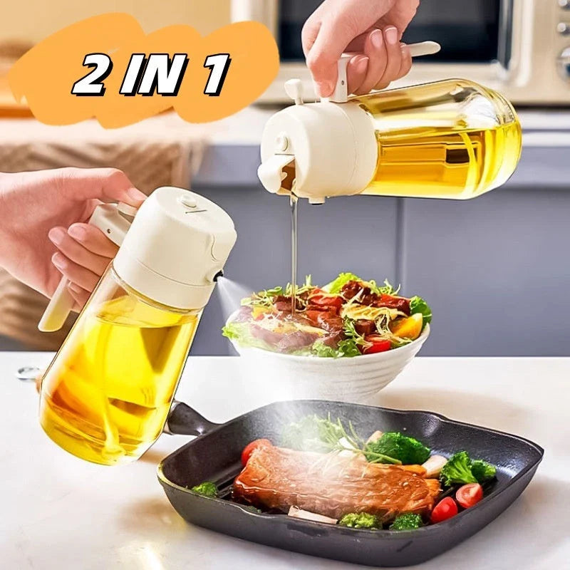 Glass oil sprayer and dispenser in various colors, featuring dual spray and pour functionality for cooking, air frying, and BBQ