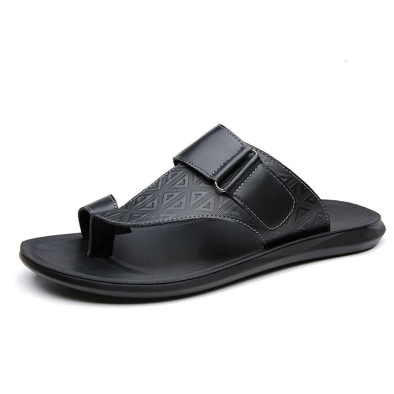 Men's simple cowhide beach slippers with open toe and rubber sole in light brown.