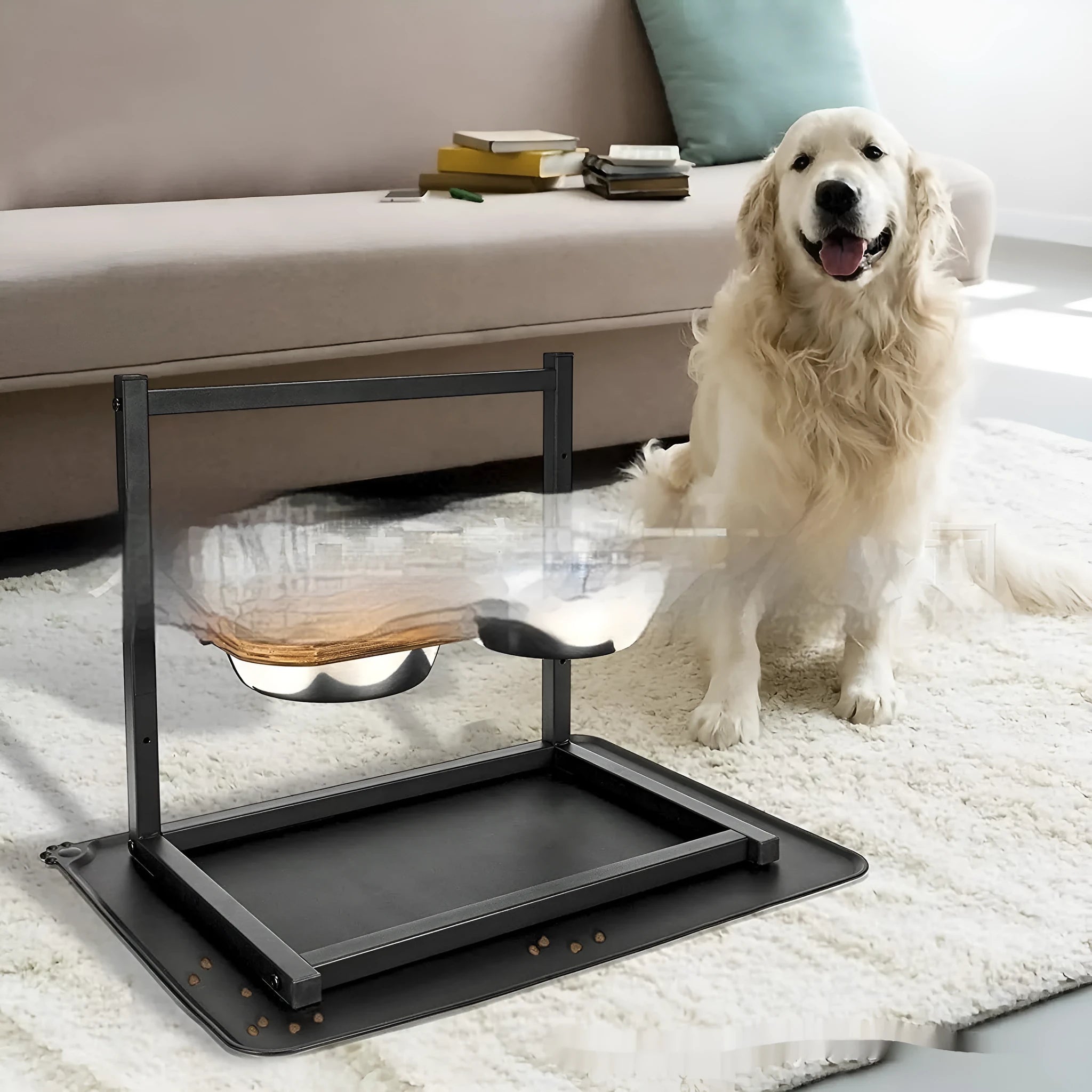Black iron dog bowl rack with dimensions 42x30x40 cm for elevated feeding