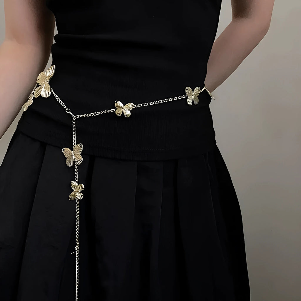 Butterfly waist chain in alloy with gold or silver colour options and 104cm length
