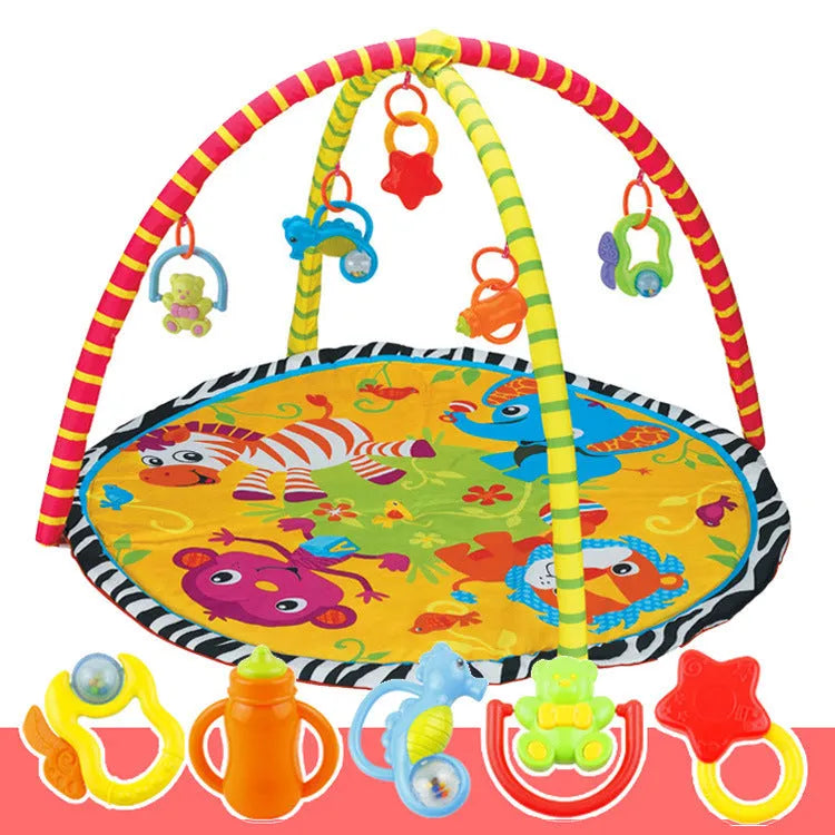 Velvet baby gymnastic rack game blanket in small animal or big animal pattern on floor.