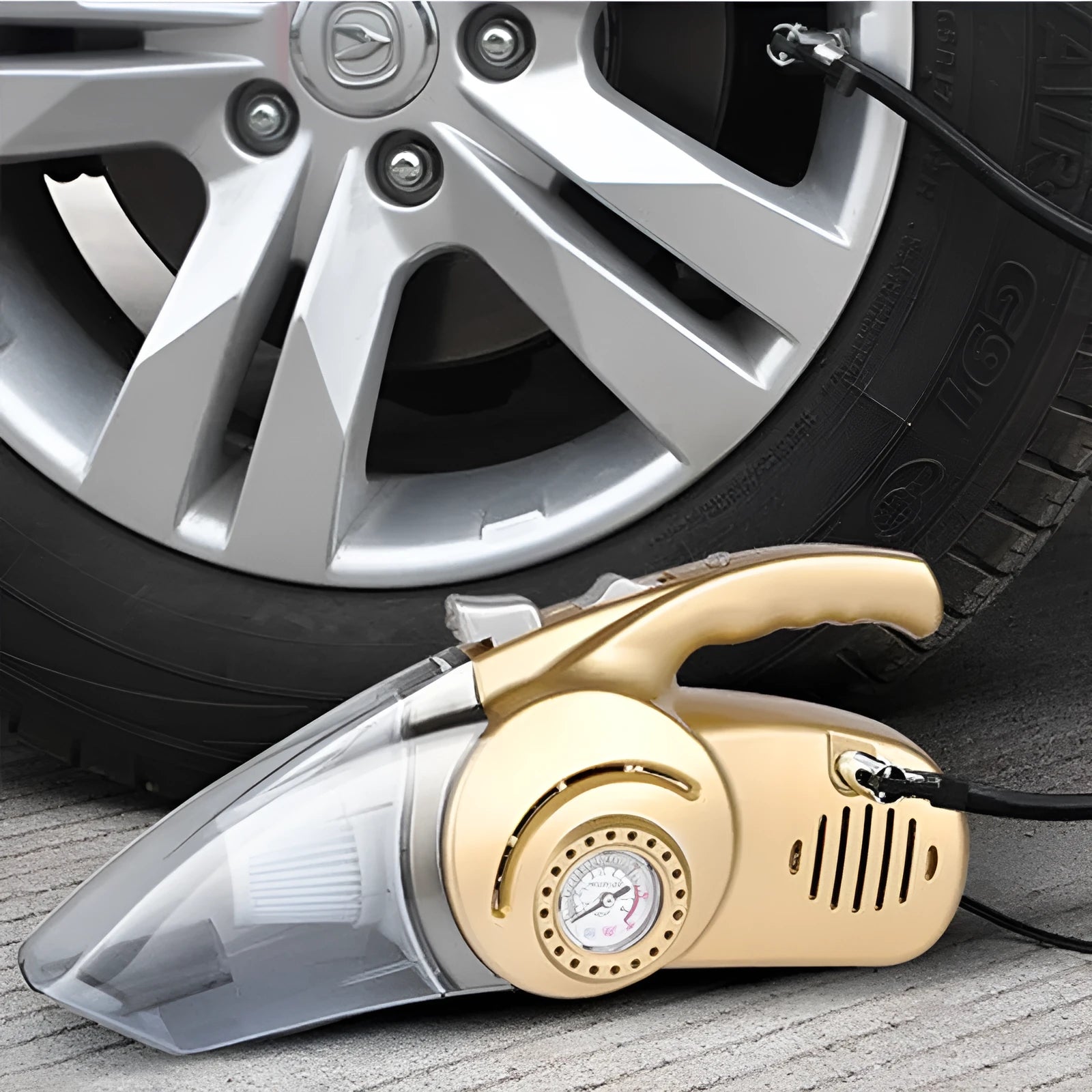 12V wet and dry four-in-one car cleaner with gold ABS body, 35cm length, handheld design