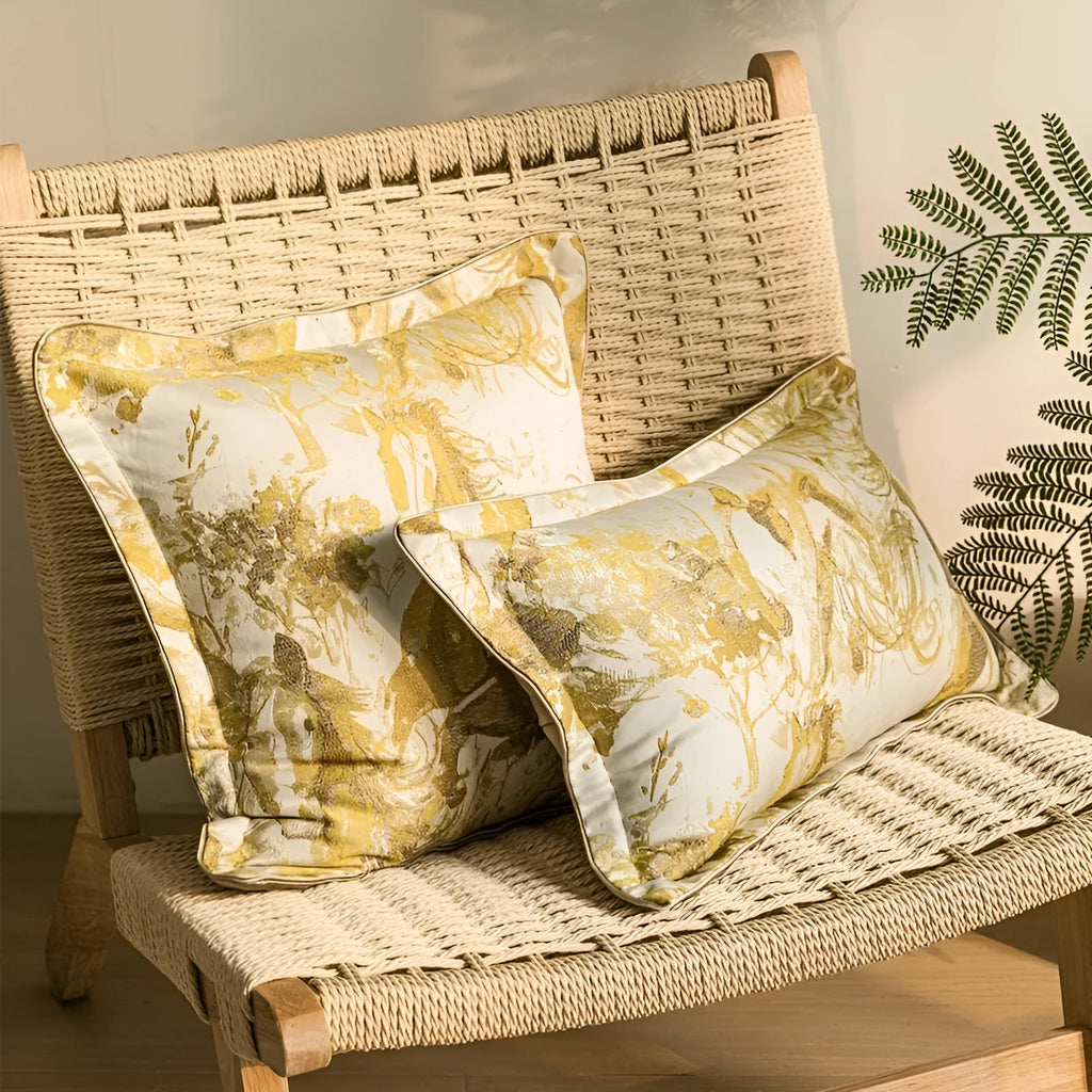 Golden horse abstract pattern Jacquard woven polyester cushion in lumbar and square sizes.