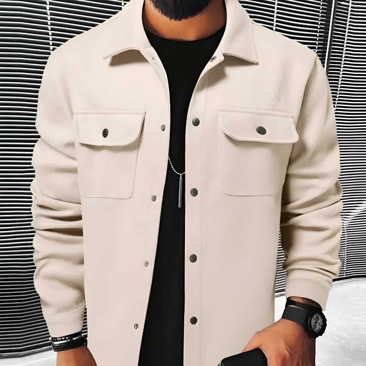 Men's cotton blend brushed shirt solid colour cardigan long sleeve regular fit khaki colour