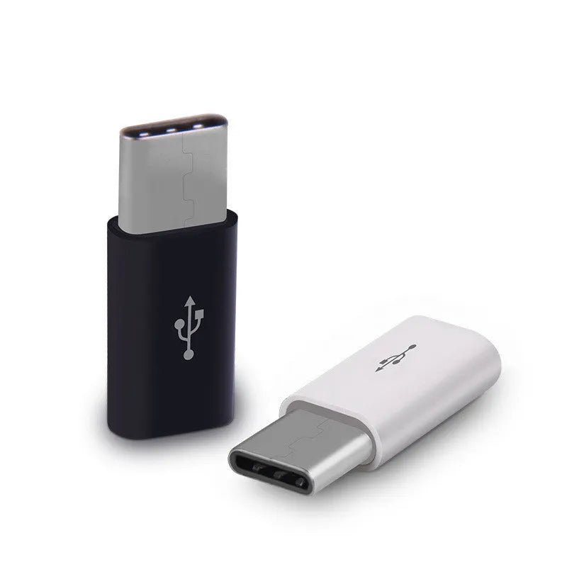 Micro USB to USB C adapter in black with USB-A female connector for charging and data sync.