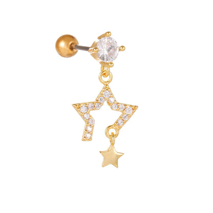 Star and moon cubic zirconia stainless steel cartilage earring in gold and white K options