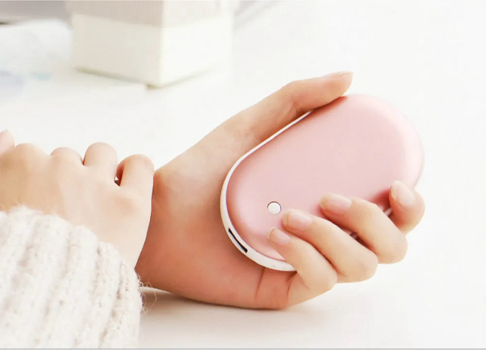 Macaron USB charging hand warmer power bank in aluminium alloy casing with double-sided heating and indicator light