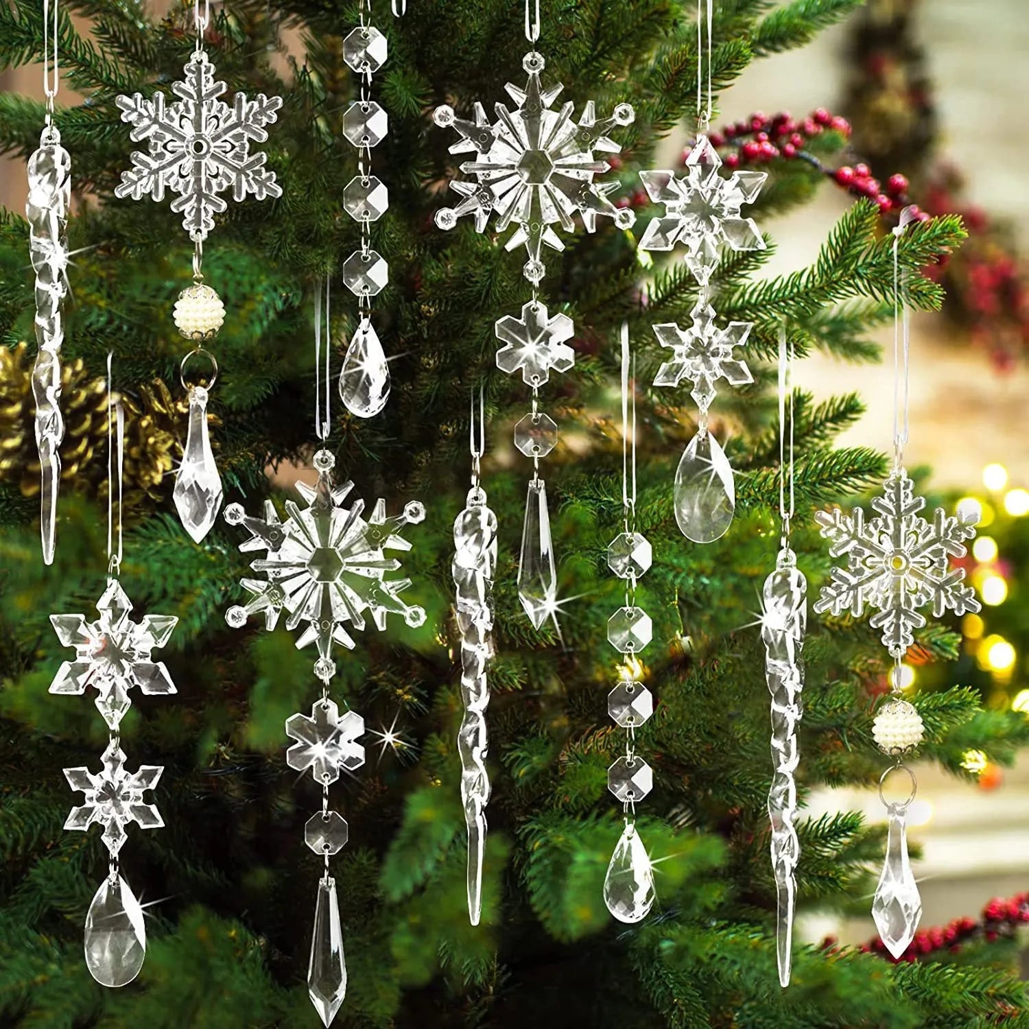 10 clear acrylic ice cone Christmas tree ornaments with white ribbons for hanging