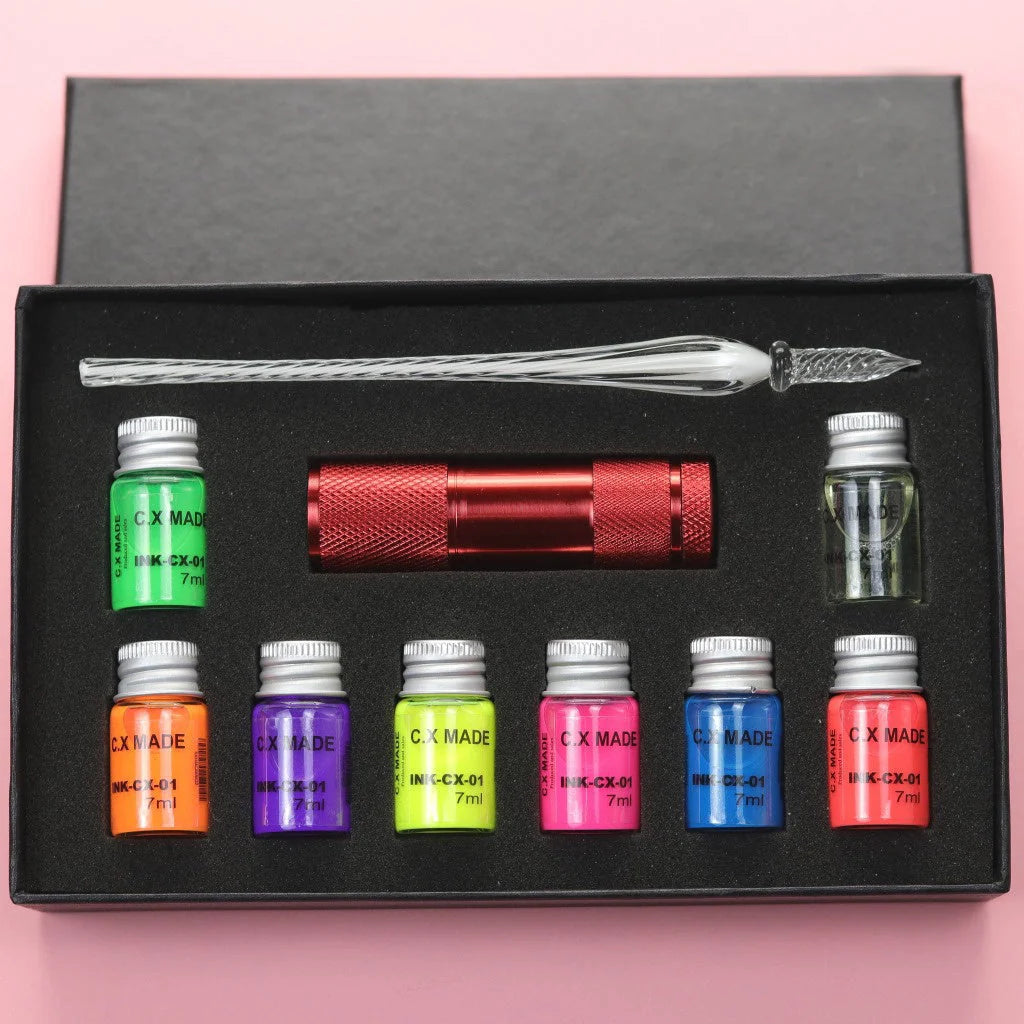 Fluorescent fountain pen dip ink set with 8 glowing colours in borosilicate glass bottles