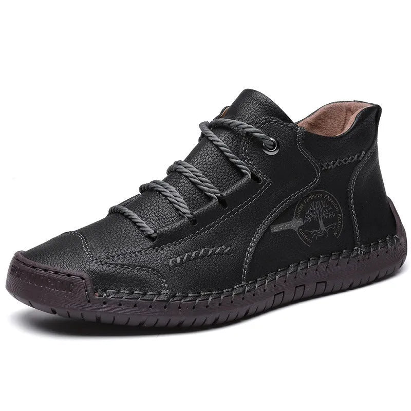 Men's brown leather high-top boots with lace-up front and flat rubber sole