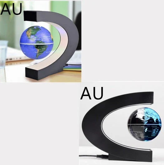 Magnetic levitation globe floating above base with LED light on