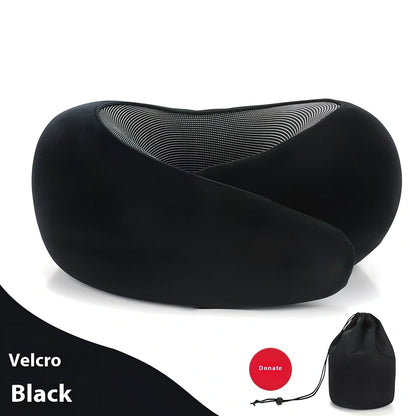 Dark gray adjustable U-shaped memory foam neck pillow with Velcro closure and storage bag, 30cm high for travel support