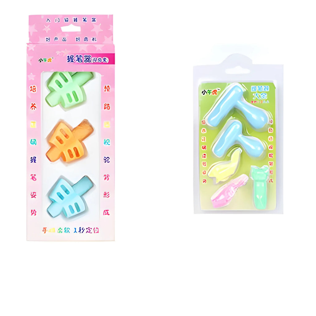 Soft rubber children's pencil grip in a cartoon design for correct writing posture.