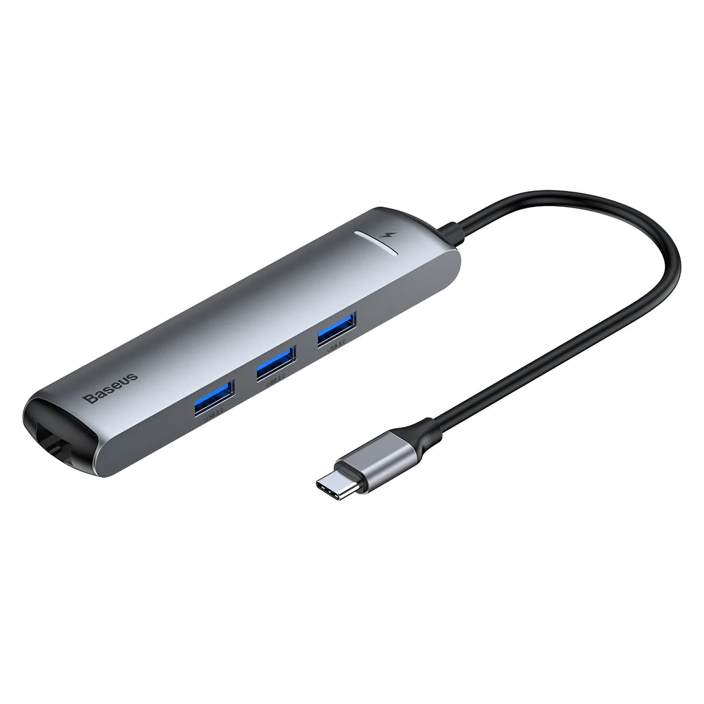 Non-Apple branded Type-C docking station in dark grey with mechanical eye design compatible with MacBook and iPhone