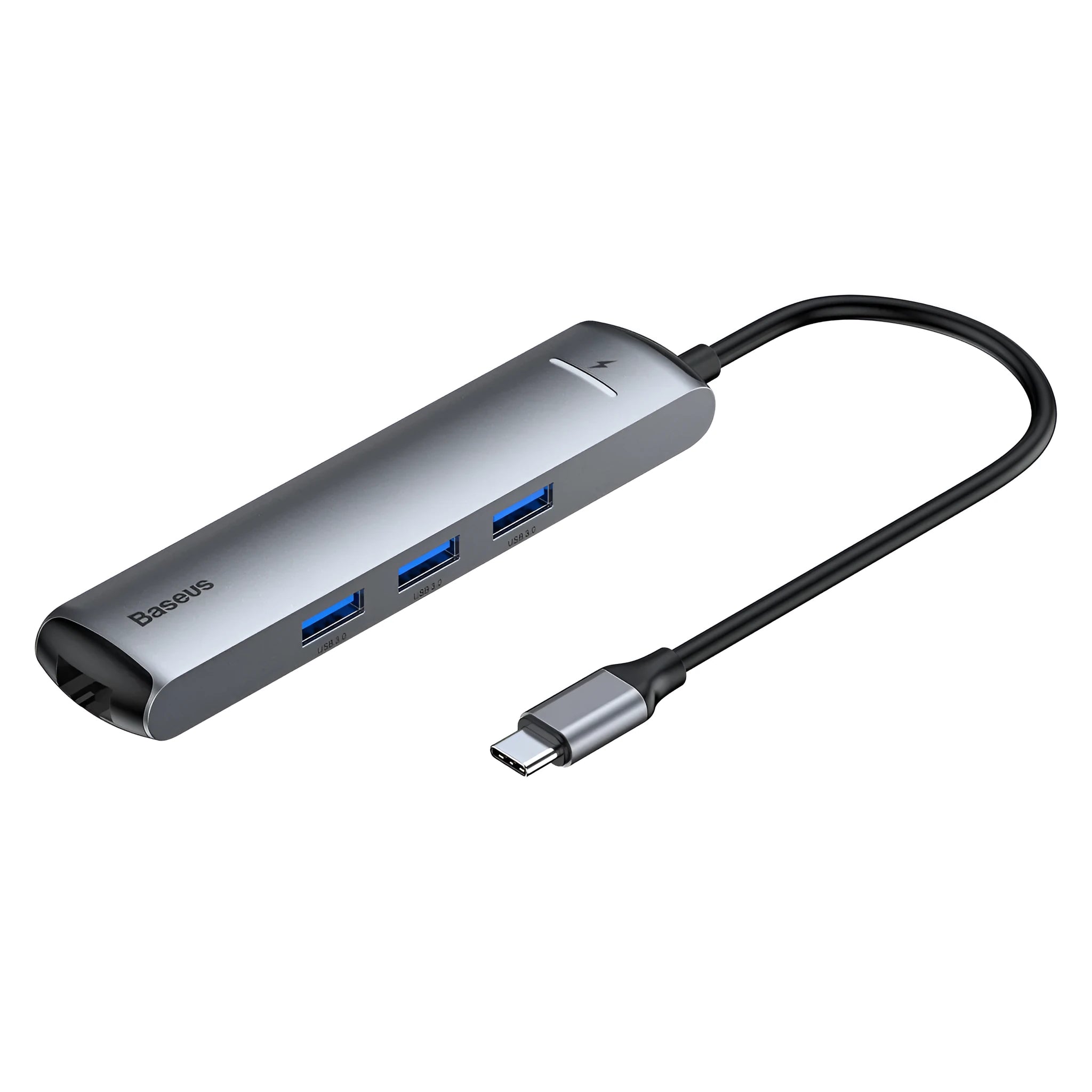 Non-Apple branded Type-C docking station in dark grey with mechanical eye design compatible with MacBook and iPhone