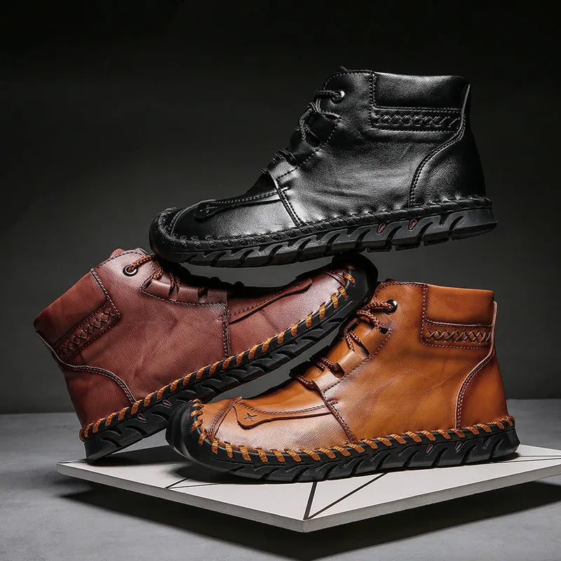 Men's leather Martin boots cow split leather thick rubber sole black colour side view