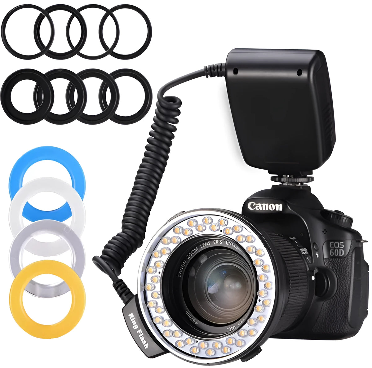 Traveller RF-550D macro ring flash with 48 LEDs, LCD display, and eight adapter rings 49-77mm on black background
