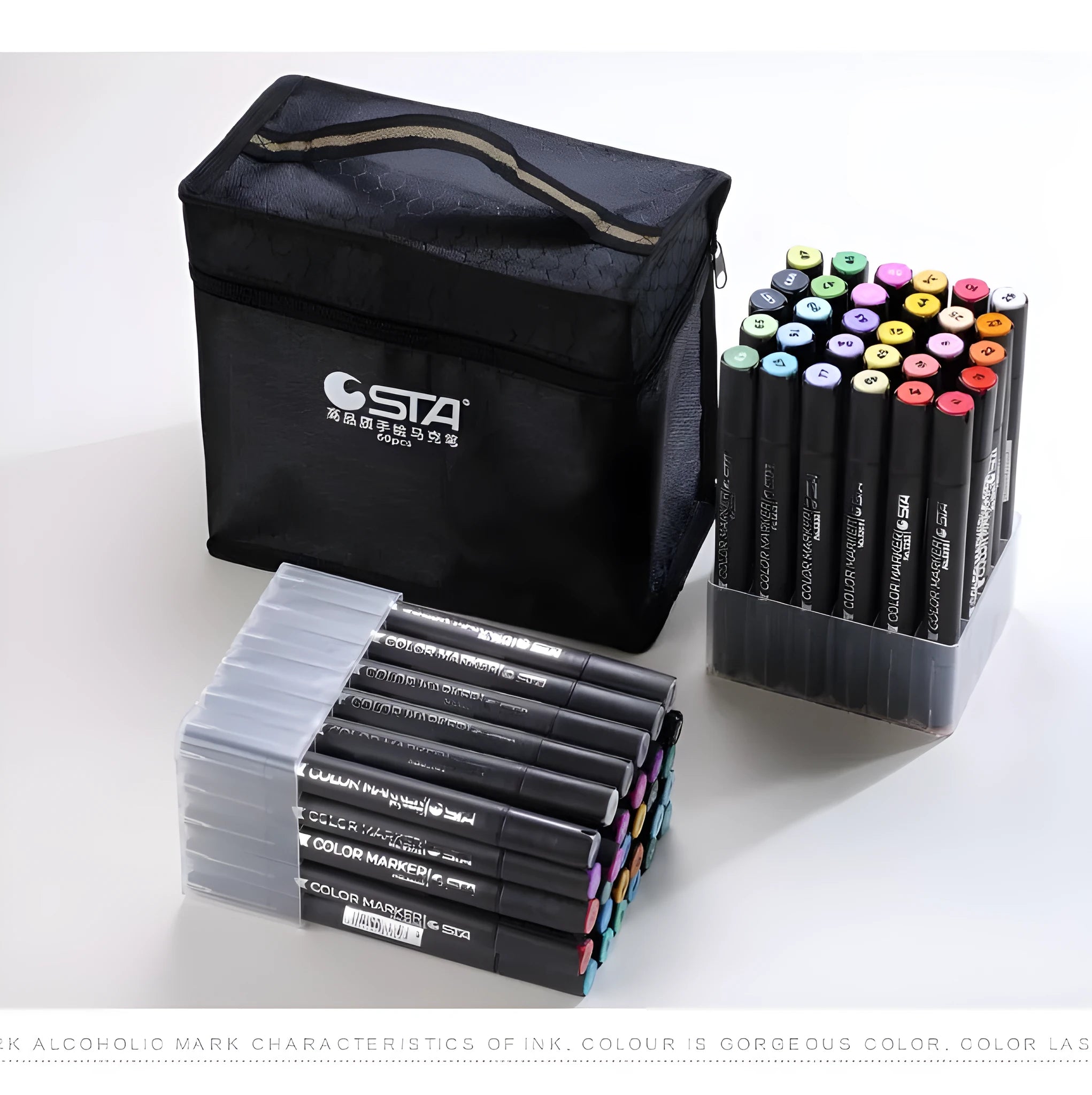 Double-headed alcohol animation paint pens with round and inclined tips in multiple colour sets