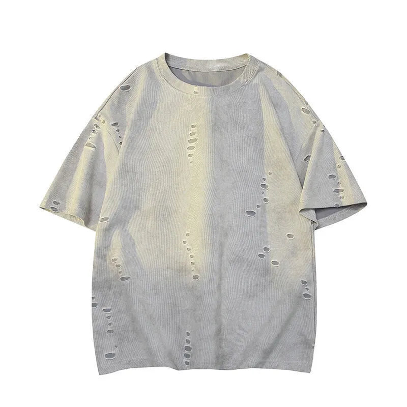 Men's grey loose-fit cotton blend short sleeve t-shirt with a distressed design on the front.