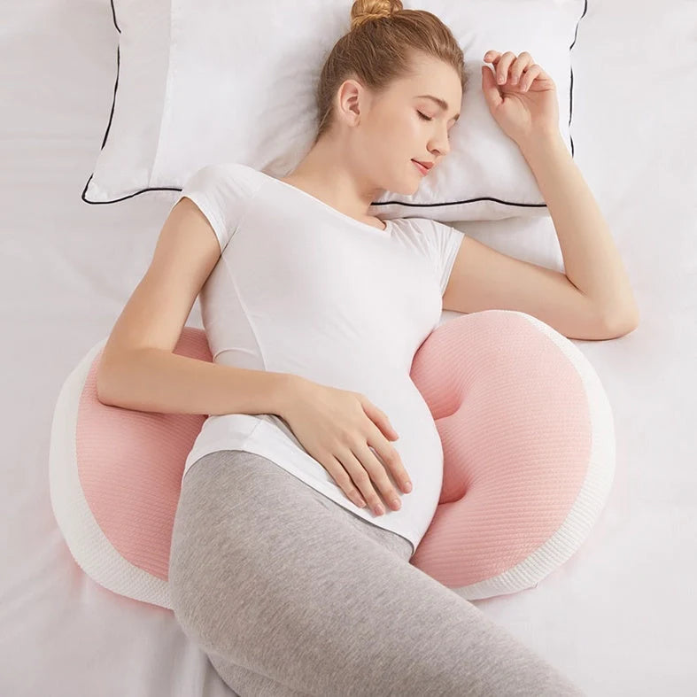 U-shape pregnancy waist pillow in pink grey, pink white, and blue white options