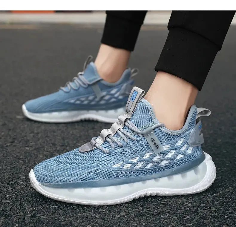 Men's mesh lace up running shoes in peacock blue with thick sole and round toe
