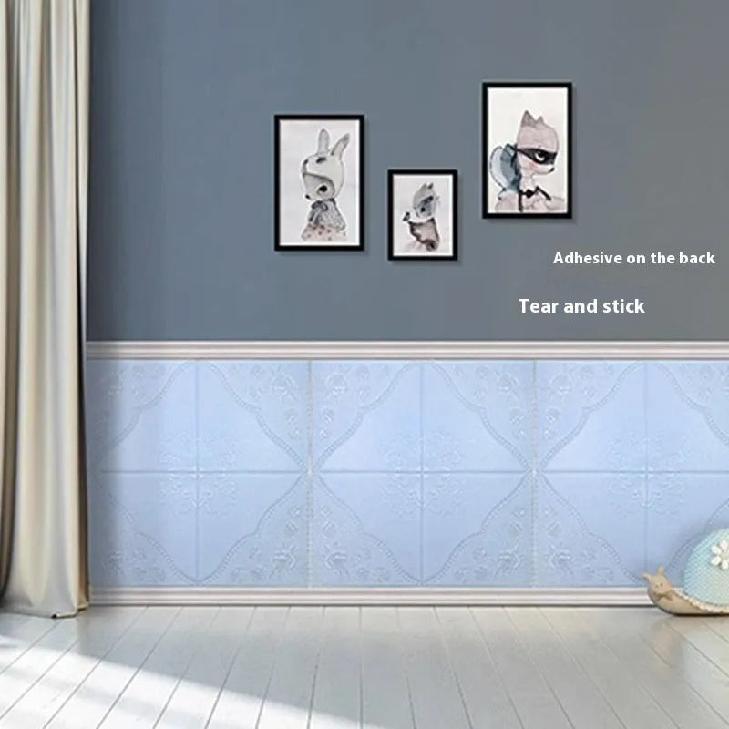 Light blue XPE foam wall sticker with plants and flowers pattern, 70cm square with self-adhesive backing
