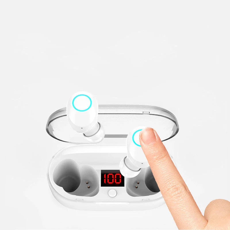 J29Tws Bluetooth headset in red, blue, black, and white with charging case