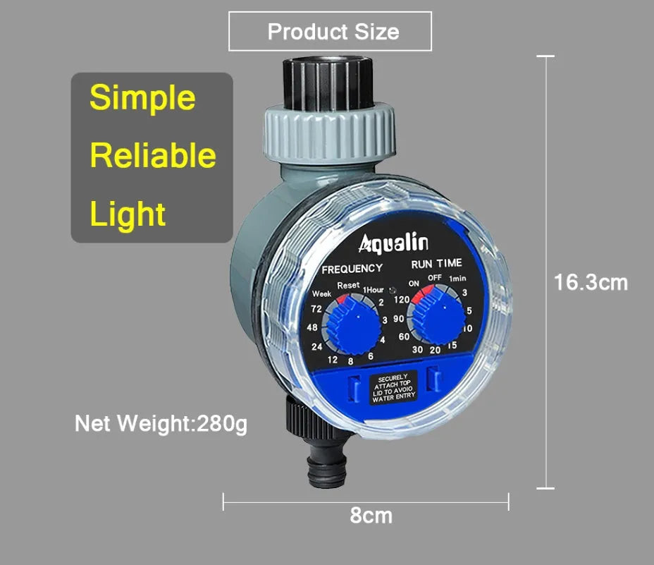 Automatic battery-powered watering timer for garden hose with 3/4 inch thread connection.