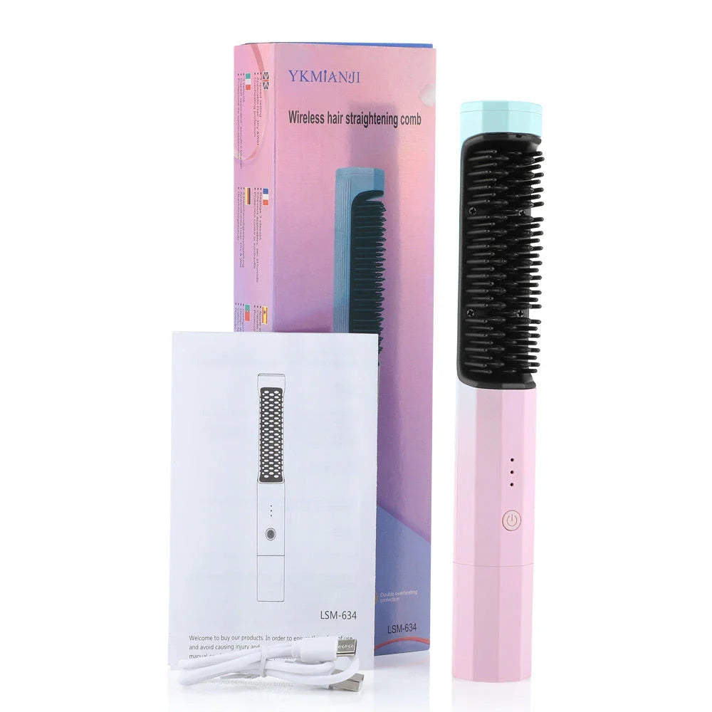 Pink and purple rechargeable wireless hair straightening comb with dual-purpose curling feature