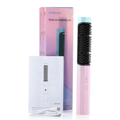 Pink and purple rechargeable wireless hair straightening comb with dual-purpose curling feature