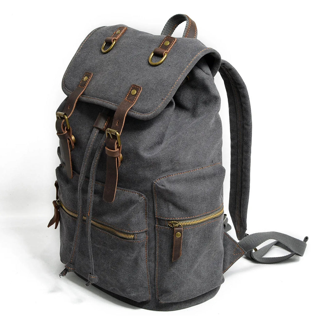 Canvas casual backpack for men with leather trim, 28cm length, 15cm width, 43cm height, ArmyGreen colour