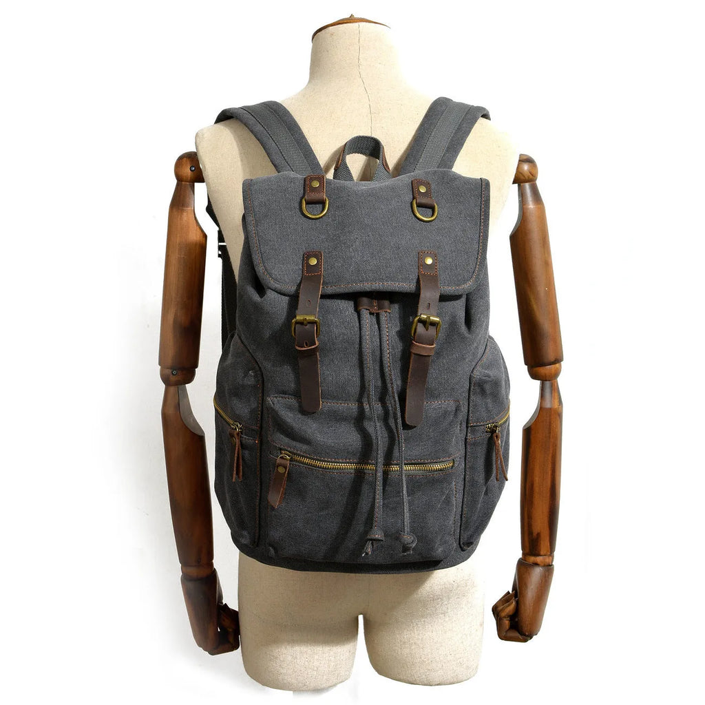Canvas casual backpack for men with leather trim, 28cm length, 15cm width, 43cm height, ArmyGreen colour