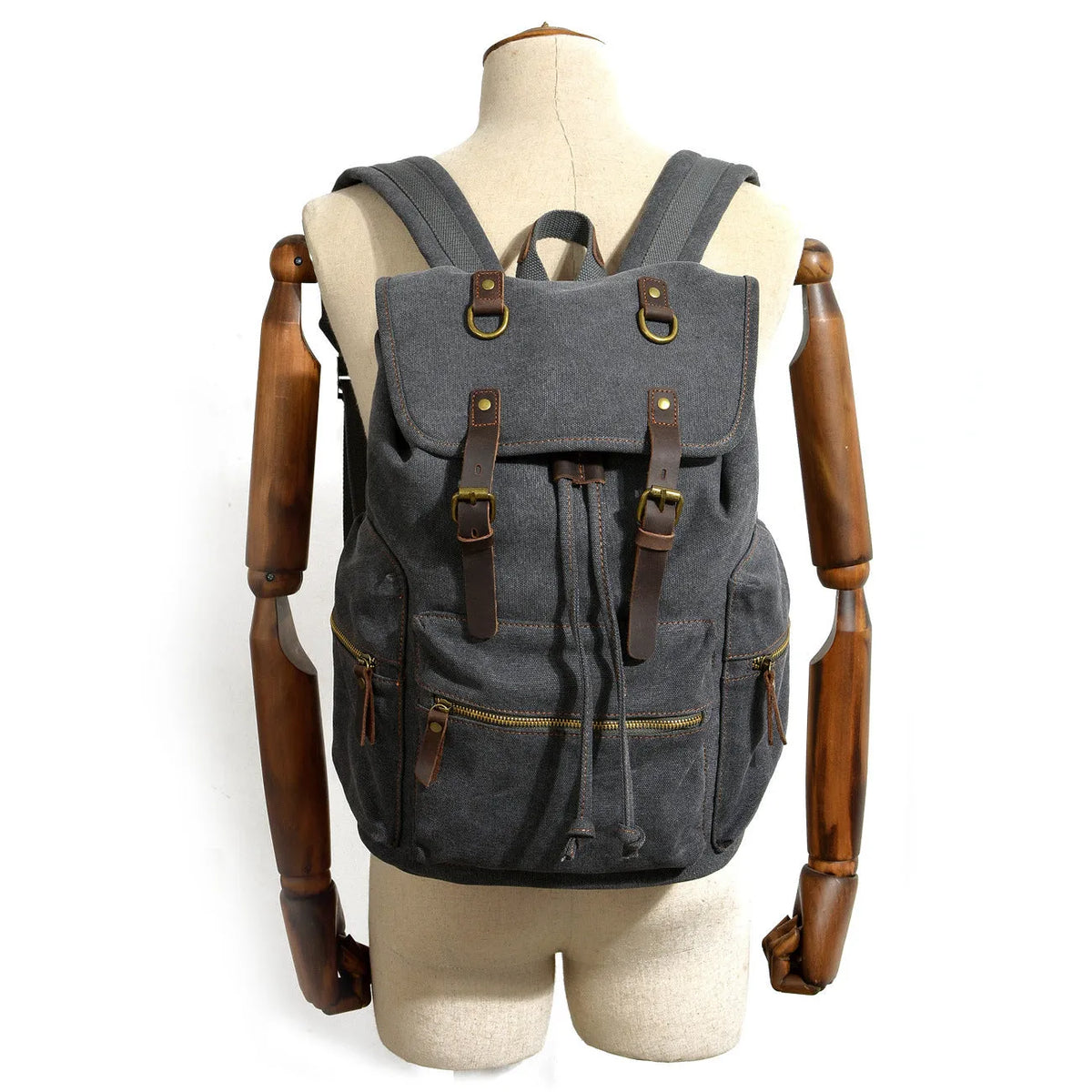 Canvas casual backpack for men with leather trim, 28cm length, 15cm width, 43cm height, ArmyGreen colour