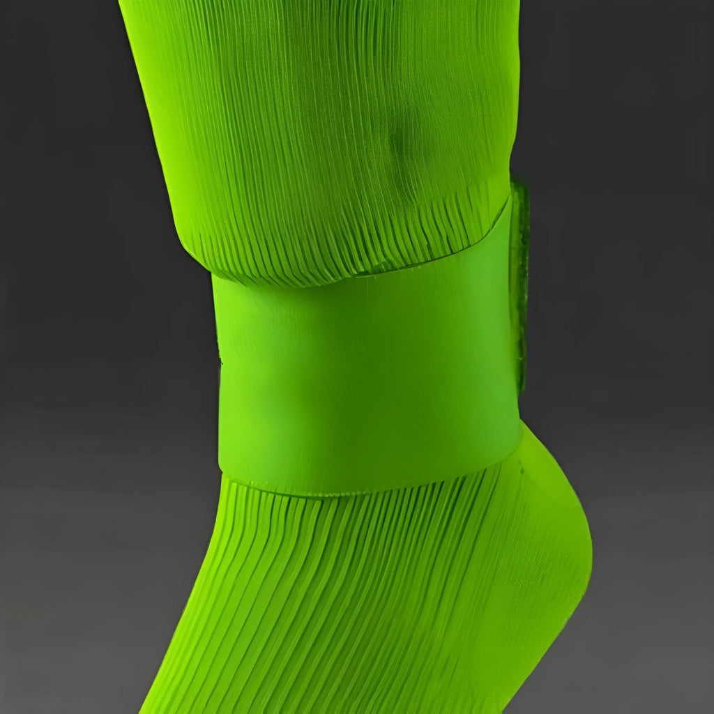 Red rubber elastic strap for securing football shin guards, shown flat to display its 250mm length.