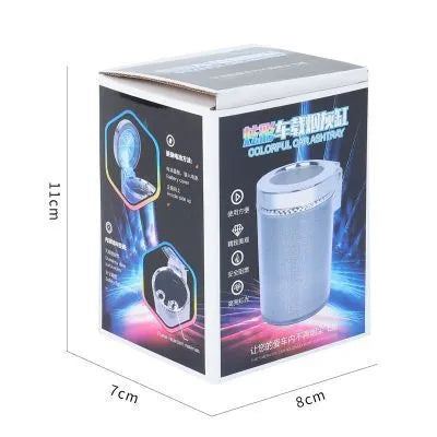 Silver car ashtray with RGB LED light, compact size 10x8x6cm, flame-retardant ABS construction