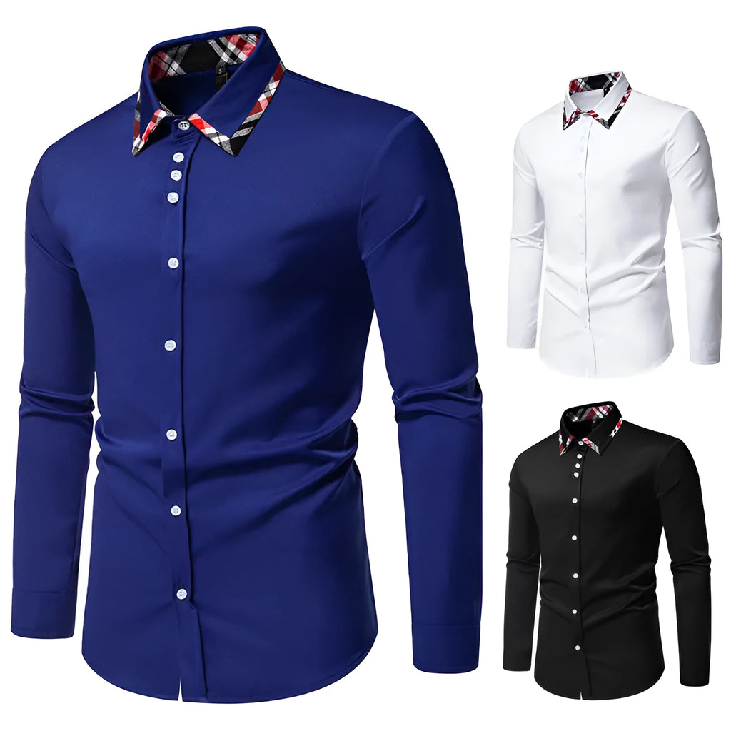 Men's casual shirt with triangle collar and plaid contrast detailing in chemical fibre blend fabric