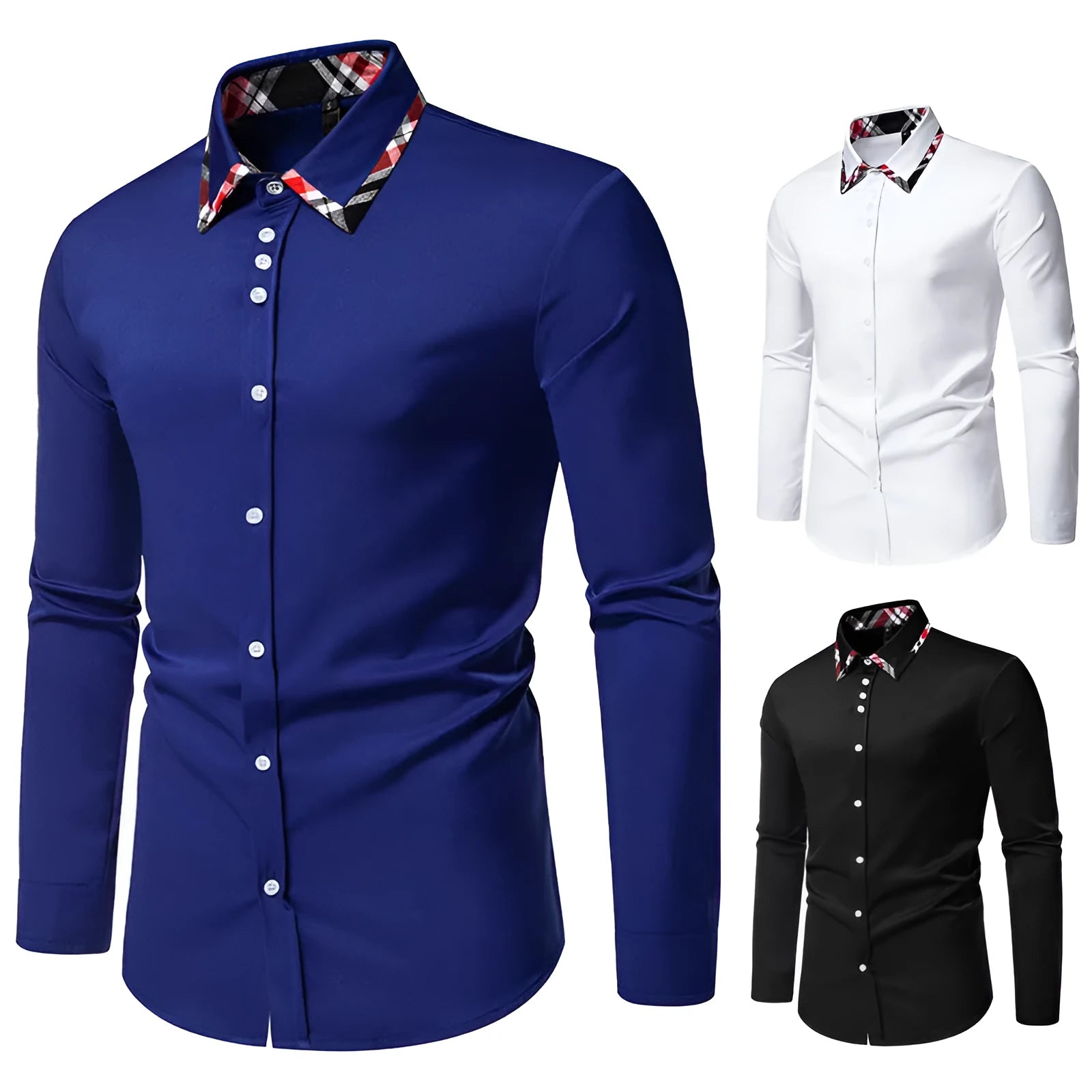 Men's casual shirt with triangle collar and plaid contrast detailing in chemical fibre blend fabric