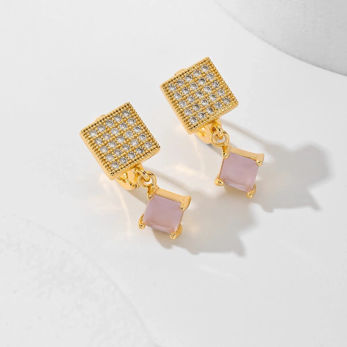 Square zircon stud earrings in six colours: black, red, green, white, champagne, and pink.