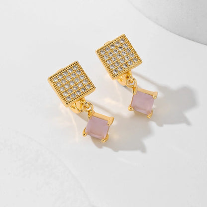 Square zircon stud earrings in six colours: black, red, green, white, champagne, and pink.