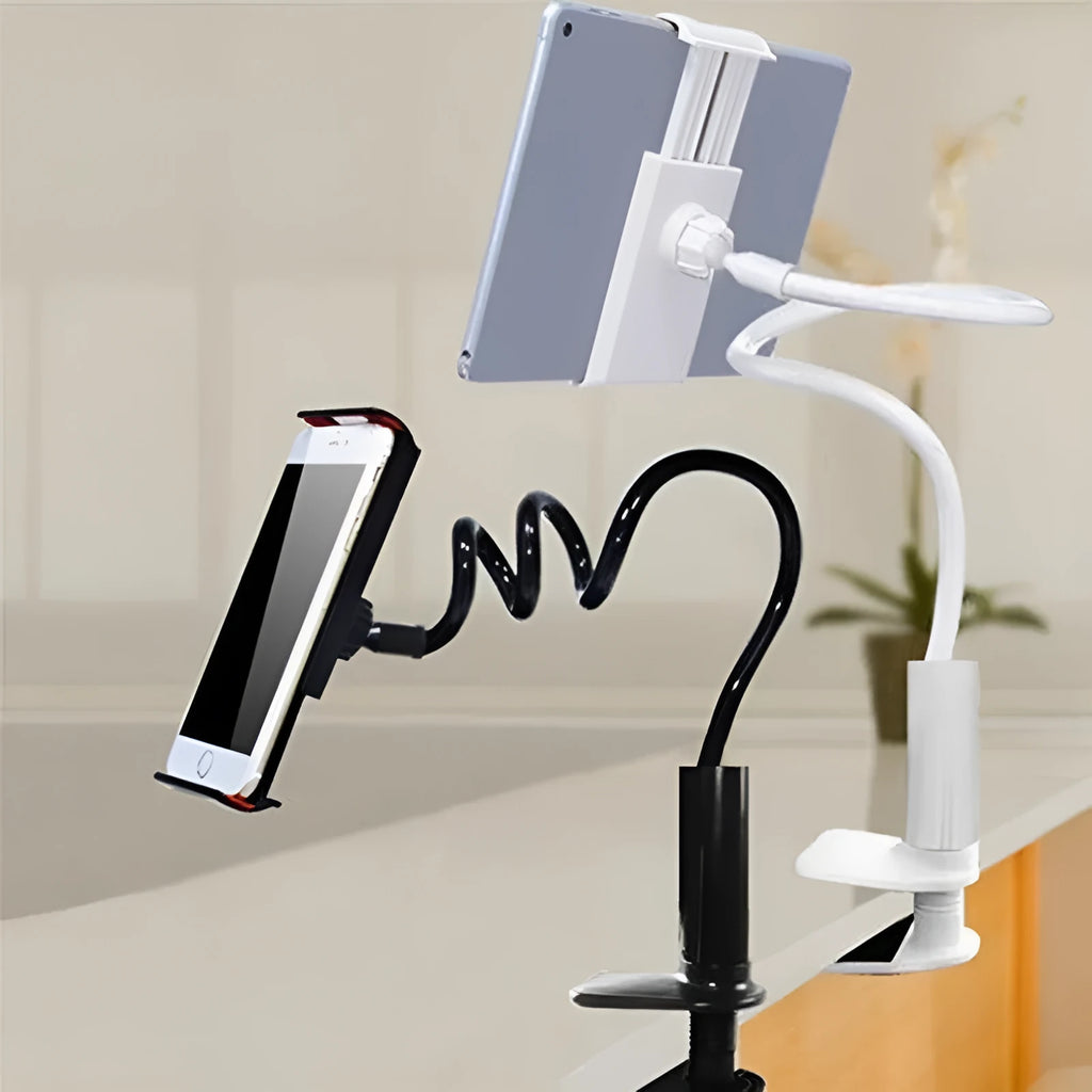 Flexible black mount holder with suction cup holding a tablet at an angle.