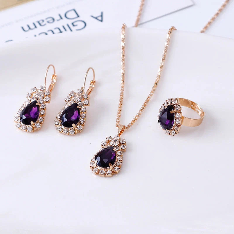 Water drop rhinestone jewellery set with adjustable necklace, earrings, and ring in various colours