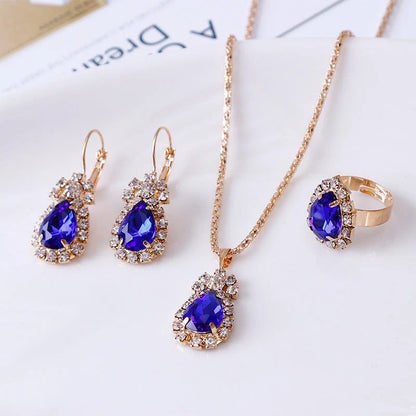 Water drop rhinestone jewellery set with adjustable necklace, earrings, and ring in various colours