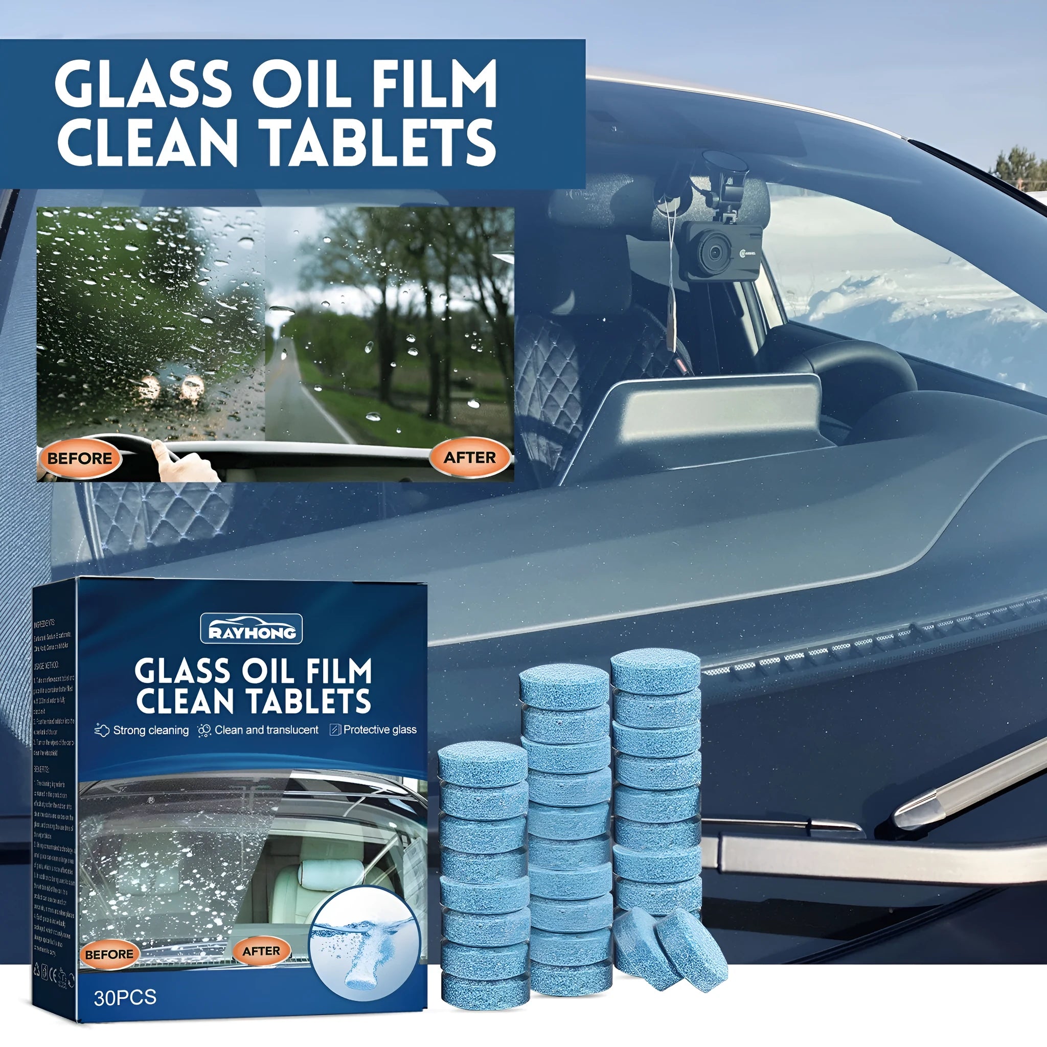Box of 30 car interior oil-removing film cleaning effervescent tablets.
