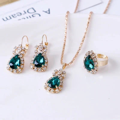 Water drop rhinestone jewellery set with adjustable necklace, earrings, and ring in various colours