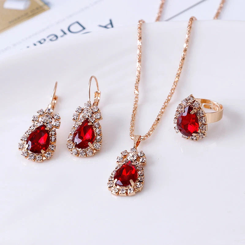 Water drop rhinestone jewellery set with adjustable necklace, earrings, and ring in various colours